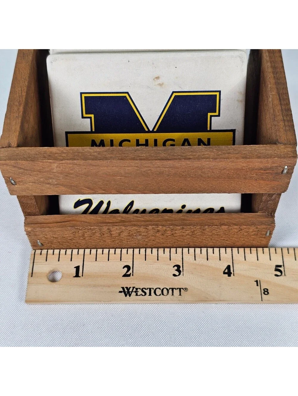 Vtg Michigan Wolverines Coaster Set of 4 w/ Rustic Wood Crate Holder Farm Fresh
